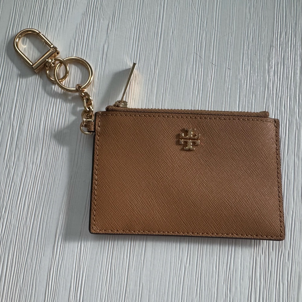 Tory Burch Camel Saffiano Leather Zip Card Case with Keychain